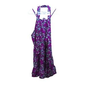 Womens Floral Dress Medium M Purple Knee Length Tie Neck Halter Spaghetti Strap